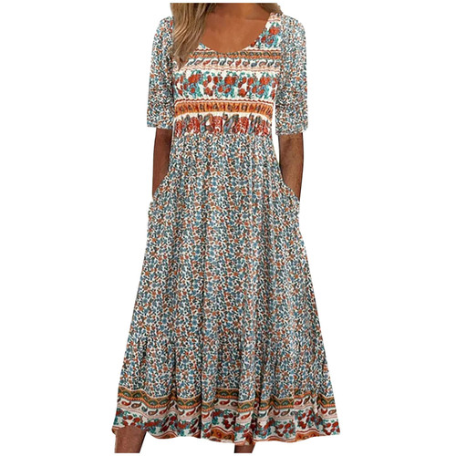 Boho Dresses for Women 2024 Casual Floral Printed Round Neck Summer Dress Flowy Short Sleeve Beach Dress with Pocket Sundresses for Women Casual Beach Summer Dresses for Women Vestidos Green