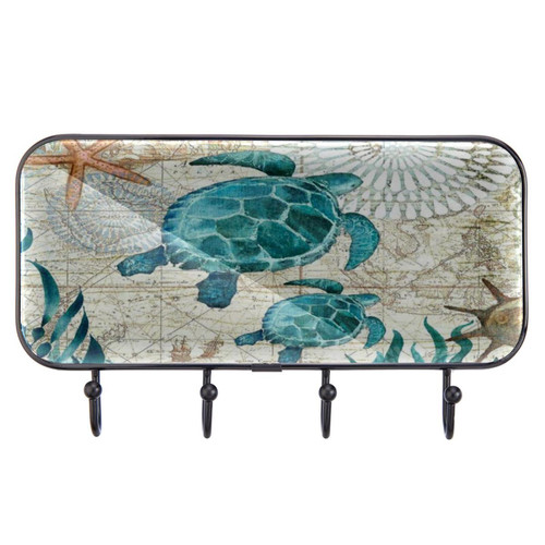 Anna Cowper Nautical Sea Turtles Coat Rack Wall Mount Coat Hooks - Self-Adhesive Coat Rack with 4 Hooks Decorative Wall Hooks for Hanging Coat Hat Bag Towel Hanger Coat Holder