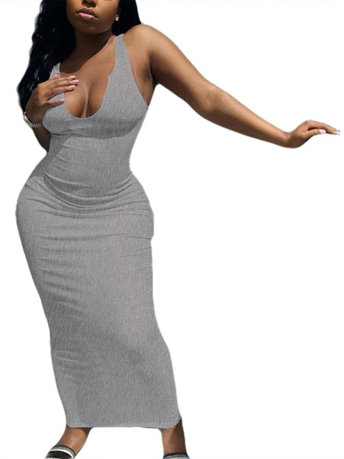 LovelyWholesale Women's Sexy Summer Bodycon Long Dress Sleeveless Ribbed Maxi Sun Dress B-Grey X-Large LovelyWholesale Women's Sexy Summer Bodycon Long Dress Sleeveless Ribbed Maxi Sun Dress B-Grey X-Large