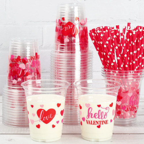 Whaline 50Pcs 12oz Valentine's Day Cups Pink Red Disposable Clear Plastic Cups with Heart Straw for Coffee Juice Drinks Party Supplies