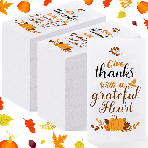 200 Pcs Thanksgiving Fall Disposable Napkins Paper, Pumpkin Garland Autumn Maple Leaves Thanksgiving Napkins Hand Towels Dinner for Give Thanks with a Grateful Heart Party Supplies Tableware Decor