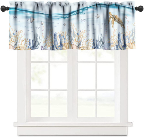 Starfish Coral Sea Turtle Kitchen Valance Curtain Watercolor Tropical Fish Shells Valance Window Treatment for Dining Room Underwater Creatures Star Rod Pocket Short Valance for Kitchen 54x18 inch