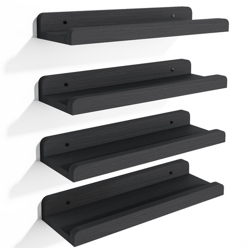 Fixwal Floating Shelves, Rustic Wood Shelves, 4 Sets of Wall Mounted Shelves for Home Decor and Storage, Modern Ledges for Living Room, Bedroom, Bathroom, Office (Black)