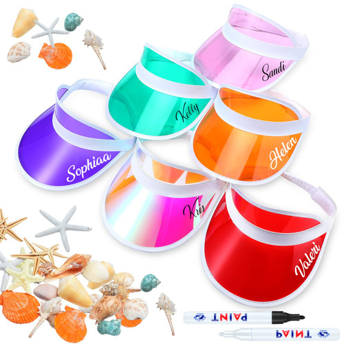 Silicherry 6 Pcs Sun Visors Hats for Women Candy Color Casino Dealer Poker Visors Unisex Plastic Clear Golf Visors Outdoor Sports Beach Cap UV Protection for Las Vegas Party with 2 Paint Pens