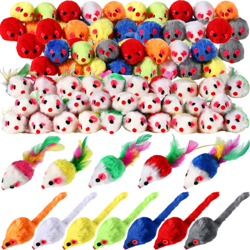 Syhood 120 Pcs Fur Mice Cat Toys Catnip Mouse Toys with Rattle Sound for Cats Mini Mice for Indoor Cats Kitten Interactive Play Assorted Color