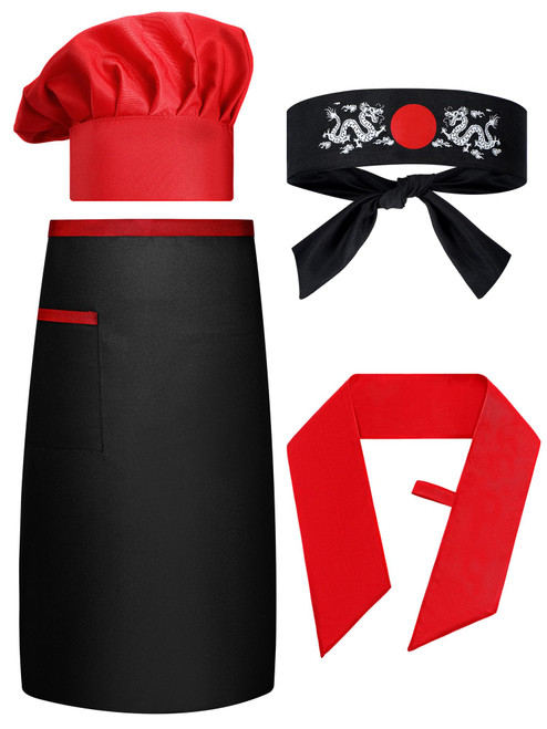 4 Pcs Hibachi Chef Hat Hibachi Chef Costume Accessories Halloween Teppanyaki Chef Hat with Adjustable Hachimaki Headband Tie Apron Hat Baker Chef Tie for Men Women