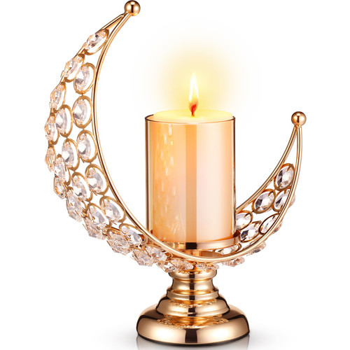 Threan Moon Shaped Crystal Pillar Candle Holder Tealight Holder with LED Flameless Candle, Gold Votive Candlestick Candle Centerpieces for Tables Ramadan Eid Mubarak Decorations Wedding Decor