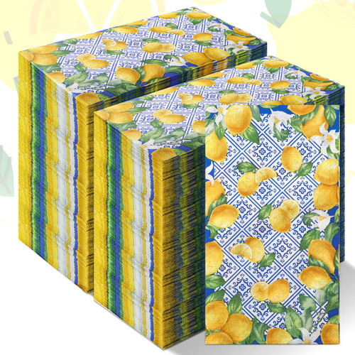 Moinchore 200 Pcs Lemon Guest Napkins Blue Tile Lemon Disposable Guest Towels for Bathroom Yellow Decorative Dinner Napkins Bathroom Paper Hand Towels for Bridal Shower Wedding Lemon Party Decoration
