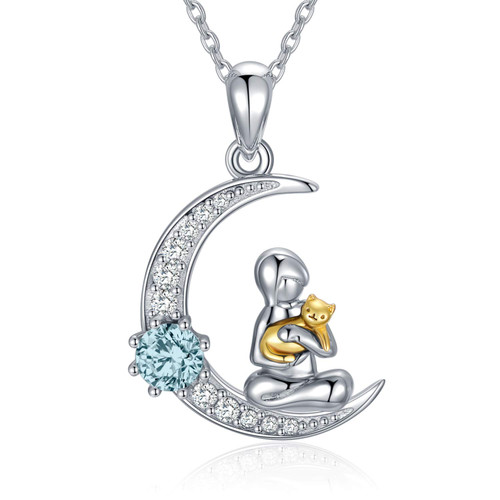 Cat Gifts for Cat Lovers Sterling Silver Moon Cat Pendant Necklace Jewelry with Birthstone Crystals, Birthday Gifts for Women Wife Girlfriend (Simulated Aquamarine) Cat Gifts for Cat Lovers Sterling Silver Moon Cat Pendant Necklace Jewelry with Birthstone Crystals, Birthday Gifts for Women Wife Girlfriend (Simulated Aquamarine)