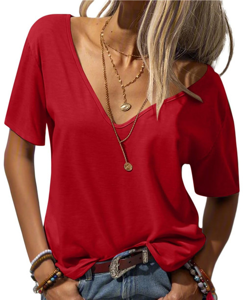 Eachyes Womens Deep V Neck T Shirts Casual Short Sleeve Loose Fit Basic Fashion Tee Tops Red Medium Eachyes Womens Deep V Neck T Shirts Casual Short Sleeve Loose Fit Basic Fashion Tee Tops Red Medium