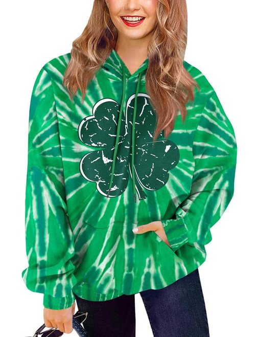 For G and PL Women St Patrick's Day Sweatshirt Tie Dye Long Sleeve with Kangaroo Pocket Green Shamrock Ireland Hoodie M