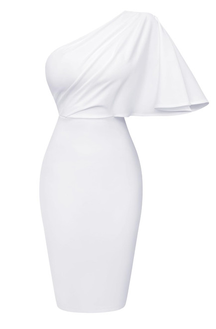 Memoriesea Women's One Shoulder Ruffle Sleeve Ruched Bodycon Club Party Midi Dress White