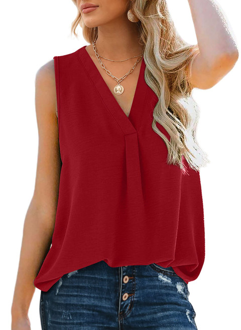 Tank Tops for Women Loose Fit Dressy Casual V Neck Chiffon Blouses for Work Red XXL