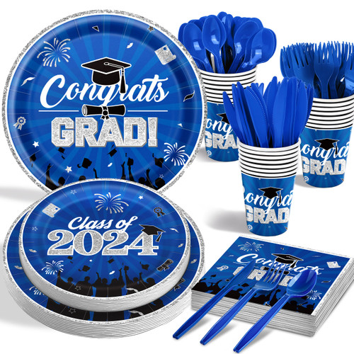 2024 Orange Black Graduation Party Supplies(Serve 50) Congrats Grad Disposable Tableware Set-Paper Plate Cup Napkin Plastic Knive Spoon Fork for Class of 2024 Decorations Graduation Party Supplies