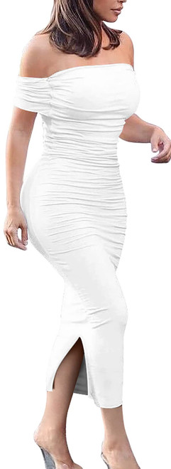 GOBLES Women's Ruched Off Shoulder Short Sleeve Bodycon Club Cocktail Party Midi Dress White GOBLES Women's Ruched Off Shoulder Short Sleeve Bodycon Club Cocktail Party Midi Dress White