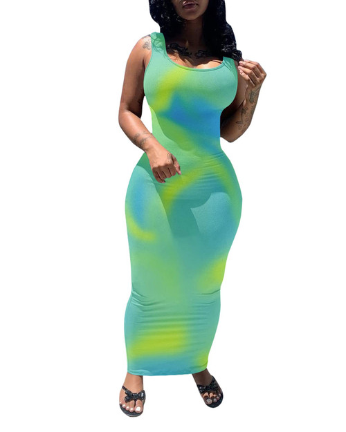 PINSV Women's Sexy Bodycon Tank Dress Basic Sleeveless Long Maxi Dresses Party Club Beach Sundresses Green Tie Dye XL