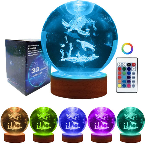 Gutsyluv 3D Crystal Ball Night Light with 16 Color LED Wooden Base with Remote, 3.15 Inch K9 Crystal Ball Night Light,3D Laser Engraving Holographic Lamp(Turtle)