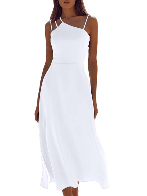 Doubauen Women's Spaghetti Strap Wedding Guest Dresses Sleeveless A Line Flowy Bridesmaid Summer Midi Dress White