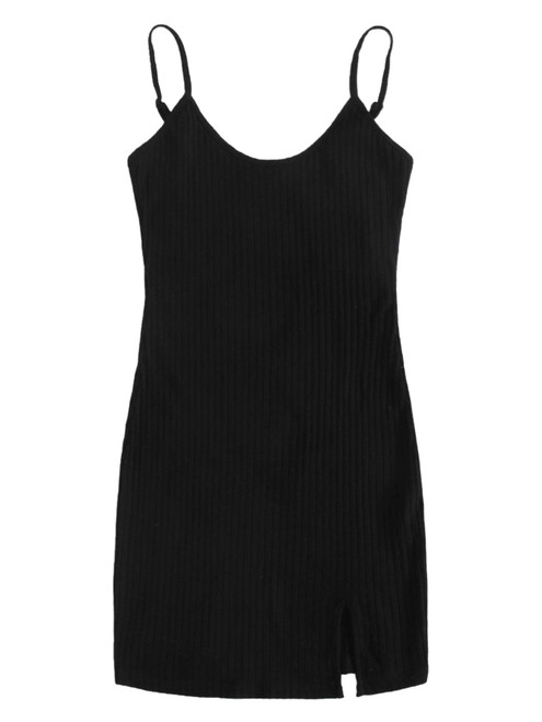 Floerns Women's Casual Solid Sleeveless Cami Split Hem Ribbed Knit Bodycon Mini Dress Black XS
