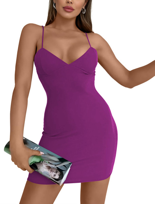 AISEW Womens Sexy V Neck Spaghetti Strap Bodycon Mini Dress Party Slip Short Dresses Beach Sundress with Built-in Bra (Purple, 7006L)