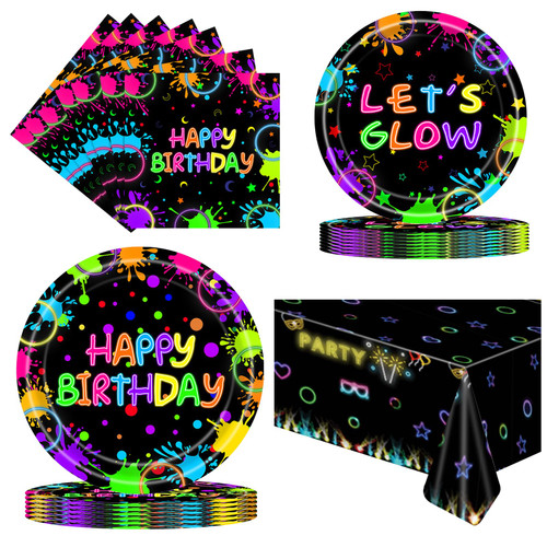 Neon Plates and Napkins Party Supplies,Let Glow Birthday Party Tableware,Include Neon Plates and Napkins,Tablecloths for Neon Party Decorations,Serves 25