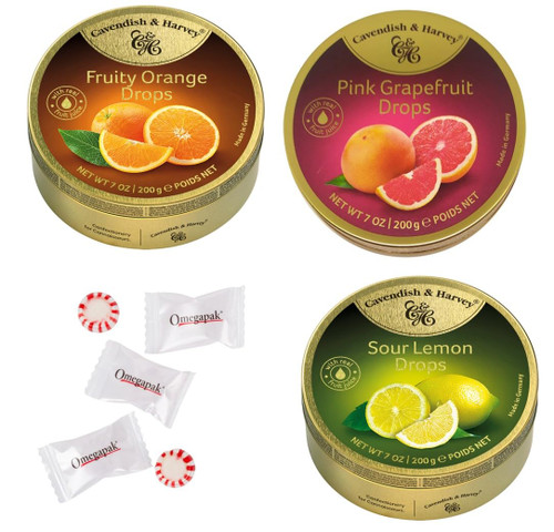 Cavendish And Harvey Hard Candy Sanded Drops 3 Flavor Variety Bundle with Omegapak Starlight Mints, Imported German Candy Bundles of 3 Tins, 200g / 7 Ounces Each (Fruity Orange, Pink Grapefruit, Sour Lemon)