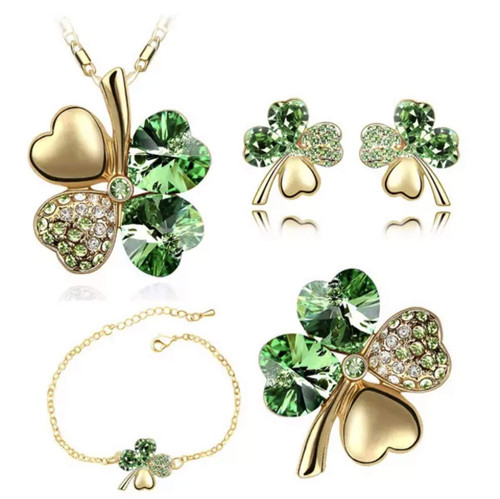 Mall of Style Four Leaf Clover Bracelet for Women - Gold Clover Bracelet - Irish Jewellery - Irish Bracelets - Shamrock Bracelet - St Patty's Day Earrings - Green Day Bracelet (Gold - 4 Piece)