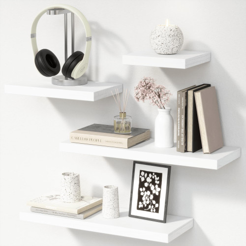 Boswillon White Floating Shelves with Invisible Bracket, Rustic Wood Wall Mounted Shelves Set of 4, Hanging Wall Shelves Display for Room Wall Decor, Living Room, Bedroom, Kitchen, Bathroom - White