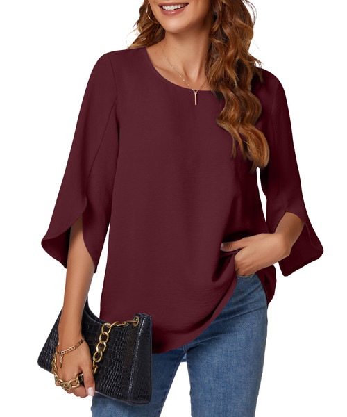 KUOTAI Womens Summer Tops Dressy Casual Shirts 3/4 Sleeve Work Blouse Business Casual Shirt(Wine Red, XX-Large)