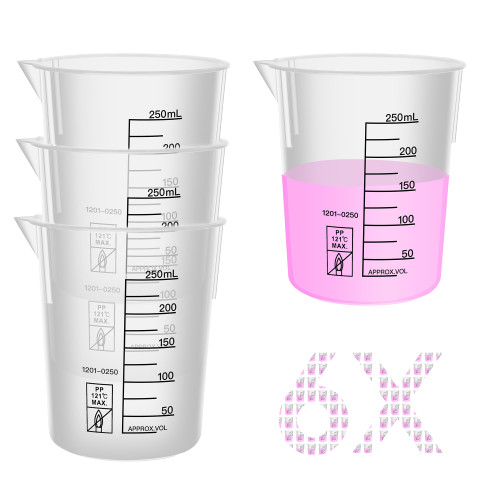 Labvida 6PCS Plastic Beakers,Vol.250ml(8.45oz) Stackable Measuring Cup with Black Scale line, Plastic Pitcher PP material Ideal for Science Activities and Household Use, LVB014