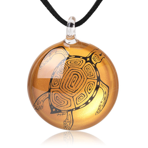 CHUVORA Hand Blown Glass Sea Turtle Shimmering Yellow Round Pendant Necklace 18 inches