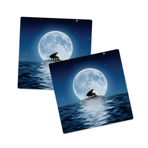 Ambesonne Piano Sandstone Coaster Set of 2, Lonely Instrument on a Surreal Iceberg on OcASIN at Night with Full Moon, Absorbant Square Coasters for Drinks Mug Cups, 4.25", Night Blue Slate Blue