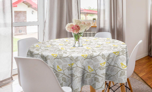 Ambesonne Grey and Yellow Round Tablecloth, Abstract Tree Branches with Leaves Birds and Dots Spring Nature, Circle Table Cloth Cover for Dining Room Kitchen Decoration, 60", Yellow White