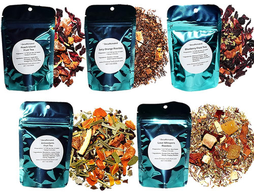 5 Rooibos Tea Samplers, Decaffeinated, Juicy Orange Rooibos, Love Whispers Rooibos, Peach Fruit Tea, Blueberry Fruit Tea, Orange Fruit Tea, Loose Leaf Tea