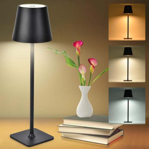 ZZENRYSAM Cordless Table Lamp, Touch Control Table Lamps, Nightstand Lamp with 3 Color Stepless Dimming, Rechargeable Battery Operated Lamp, LED Desk Lamp for Bedrooms Couple Dinner (1 Pack, Black A)
