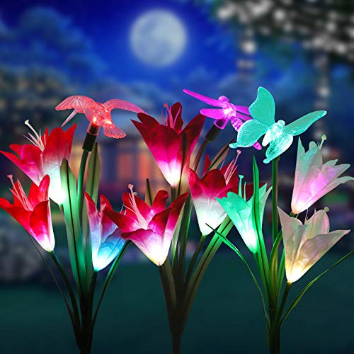 Solar Garden Outdoor Lights, Sunjoyco 3-Pack Solar Flower Lights Outdoor Color Changing Decorative Landscape Lawn Yard Stake Patio Lily Butterfly Dragonfly Hummingbird Lights Solar Powered Solar Garden Outdoor Lights, Sunjoyco 3-Pack Solar Flower Lights Outdoor Color Changing Decorative Landscape Lawn Yard Stake Patio Lily Butterfly Dragonfly Hummingbird Lights Solar Powered
