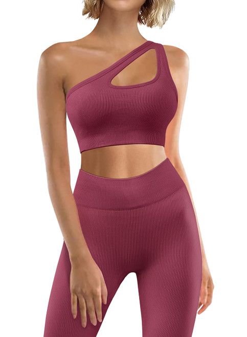 JZC Ribbed Workout Outfits for Women 2 Piece Seamless Sport Bra High Waist Yoga Leggings Sets Wine Red Medium