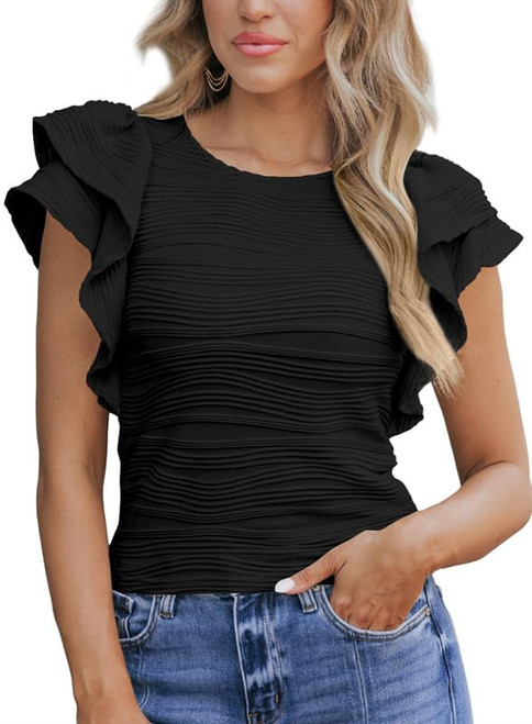 SHEWIN Womens Fashion 2024 Casual Crewneck Tee Ruffle Short Sleeve Shirts Cute Summer Tops for Women Trendy,US 12-14(L),Black