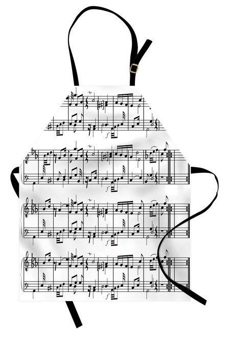Ambesonne Music Apron, Musical Notes on The Clef Illustration Ornamental Pattern Art Print, Unisex Kitchen Bib with Adjustable Neck for Cooking Gardening, Adult Size, Black White