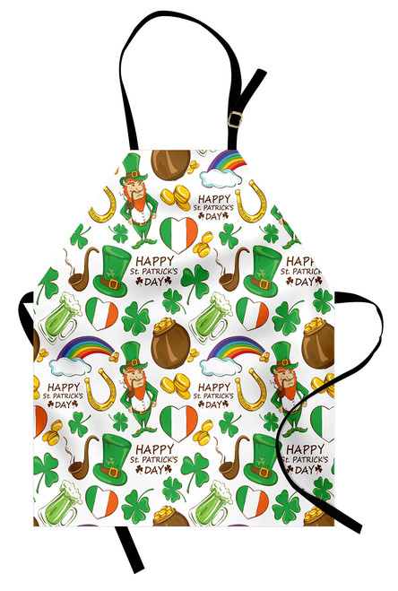 Ambesonne St. Patrick's Day Apron, Irish Party Pattern Beer Leprechaun Flag Hearts Rainbow Gold Shamrock, Unisex Kitchen Bib with Adjustable Neck for Cooking Gardening, Adult Size, Shamrock Green