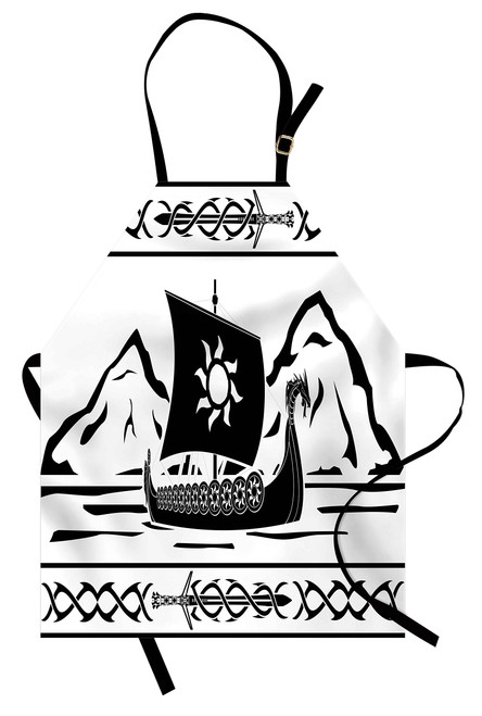 Lunarable Viking Apron, Ornate Frame with Drakkar Sailing Before Mountains Scandinavian Naval Illustration, Unisex Kitchen Bib with Adjustable Neck for Cooking Gardening, Adult Size, White and Black