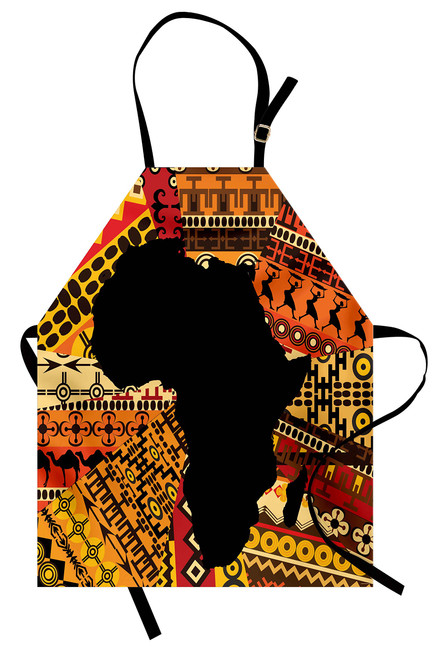 Lunarable African Apron, Abstract Style Map on Carpet Background Illustration, Unisex Kitchen Bib Apron with Adjustable Neck for Cooking Baking Gardening, Black and Orange