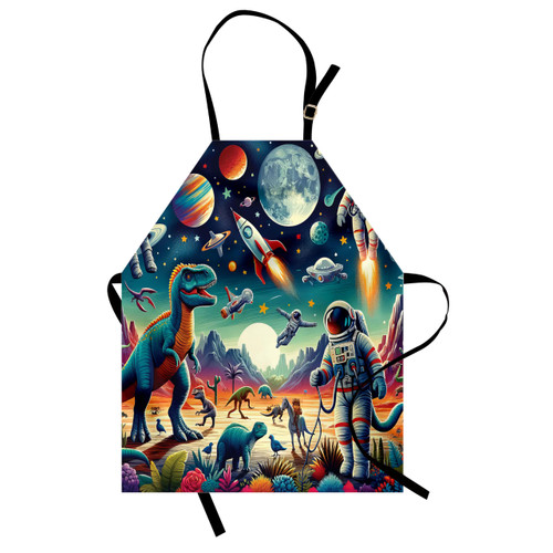 Ambesonne Outer Space Apron, Surreal Design of Rockets Dinosaurs Planets and Astronaut Characters, Unisex Kitchen Bib with Adjustable Neck for Cooking Gardening, Adult Size, Multicolor Teal Red