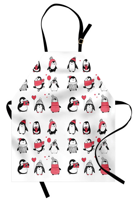 Ambesonne Winter Apron, Penguins Hand Drawn Merry Christmas Greetings, Unisex Kitchen Bib with Adjustable Neck for Cooking Gardening, Adult Size, White Pink