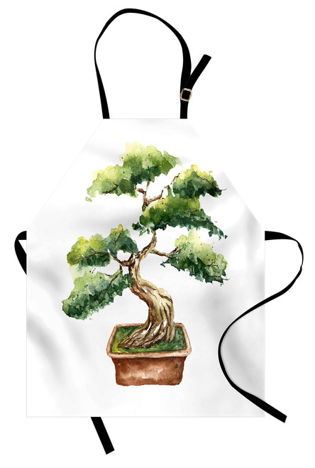 Ambesonne Garden Apron, Watercolor Style Bonsai Hand Drawn Japanese Tree Eastern Nature Inspired Image, Unisex Kitchen Bib Apron with Adjustable Neck for Cooking Baking Gardening, Pale Brown Green