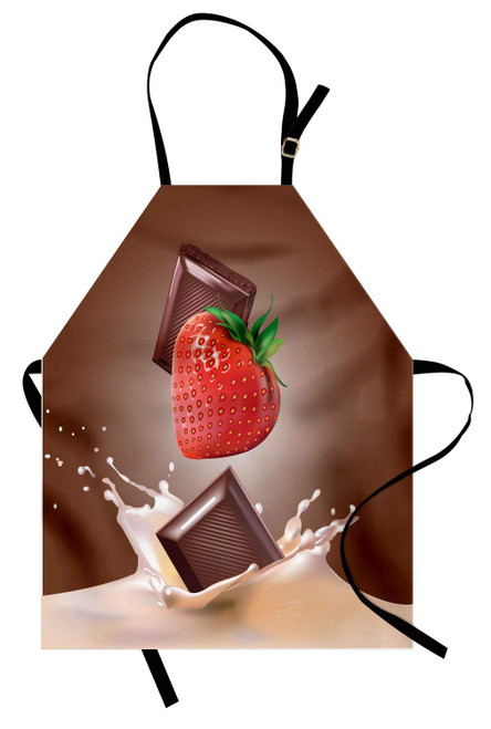 Ambesonne Fruit Apron, Strawberries Chocolate and Milk Design Drink Ingredients on Brown Ombre Background, Unisex Kitchen Bib with Adjustable Neck for Cooking Gardening, Adult Size, Brown Red