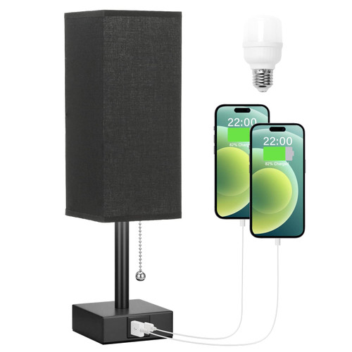 aooshine Black Bedside Table Lamp for Bedroom - 2700/3500/5000K Nightstand Lamp with USB C A Ports, Small Lamp with 3 Color Modes, Bedroom Lamp by Pull Chain, LED Bulb Included