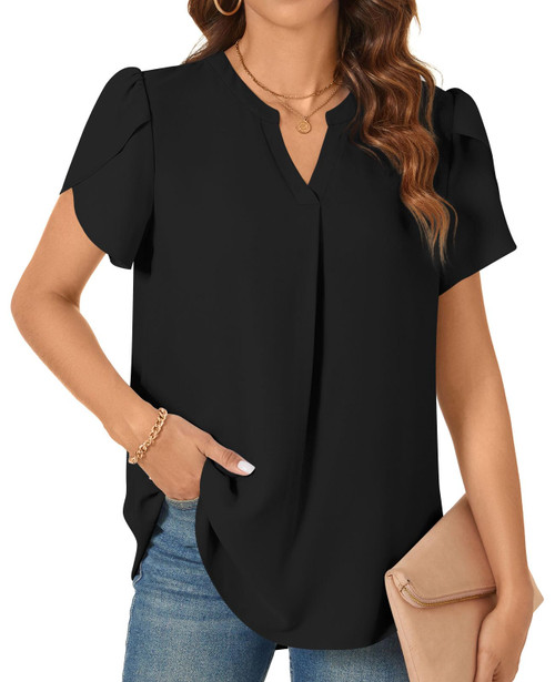 TAOHUADAO Womens Dressy Chiffon Blouses Summer Casual T-Shirts Petal Short Sleeve V Neck Tunic Tops for Leggings L, Black