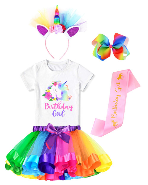 Doctor Unicorn Birthday Girls Outfit Set Tutu Skirt Dress, Unicorn Shirt, Headband & Satin Sash (Rainbow Unicorn Flower - 10-11 Years)