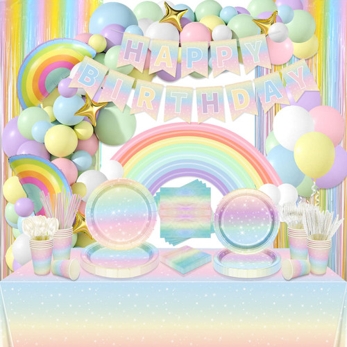 Pastel Rainbow Birthday Party Supplies, Includes Happy Birthday Banner, Tablecloth, Plates, Napkins, Cups, Knives, Forks, Spoons, Straws, Balloons for Unicorn Birthday Party Decorations, Serves 20 Pastel Rainbow Birthday Party Supplies, Includes Happy Birthday Banner, Tablecloth, Plates, Napkins, Cups, Knives, Forks, Spoons, Straws, Balloons for Unicorn Birthday Party Decorations, Serves 20